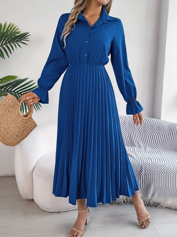 Pleated Long-Sleeve Lapel Dress – Button Down & Waist-Defined Fit