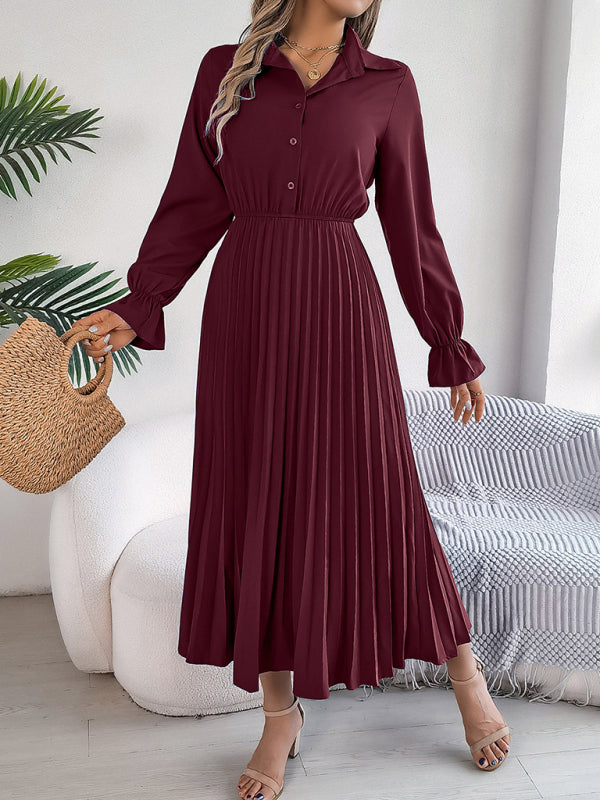 Pleated Long-Sleeve Lapel Dress – Button Down & Waist-Defined Fit
