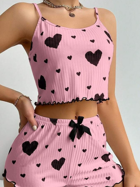 Love Print Lace Lingerie Set – Spaghetti Strap Top & Matching Shorts