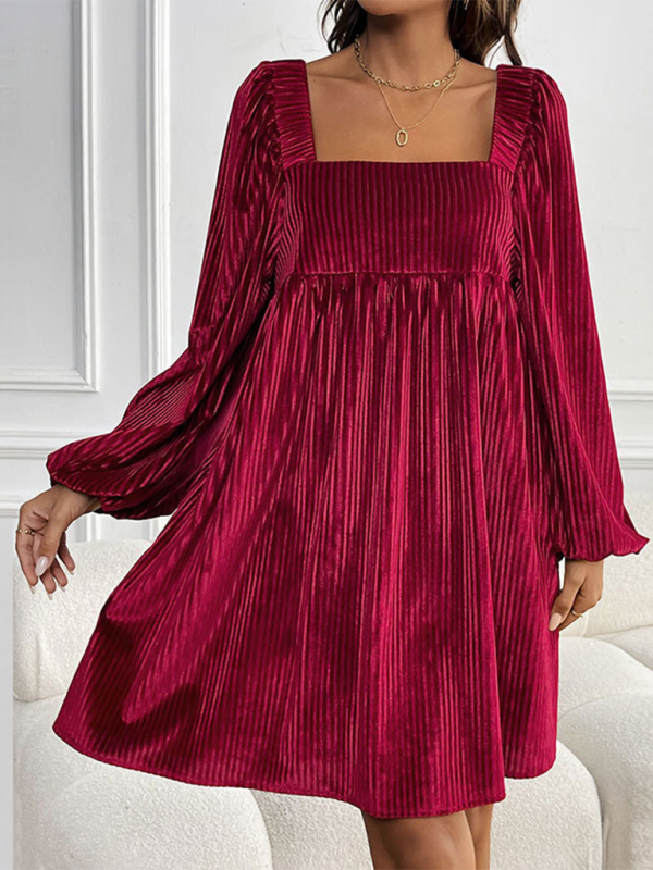 Velvet Square Neck Backless Dress – Retro Winter Style with Slant Pockets