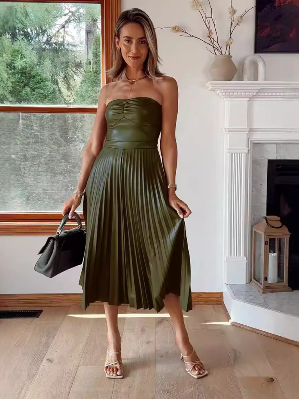 Pleated PU Leather Strapless Midi Dress – Off-Shoulder, Chic Fit