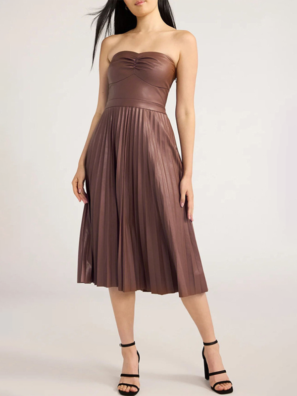Pleated PU Leather Strapless Midi Dress – Off-Shoulder, Chic Fit