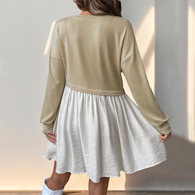Versatile Long-Sleeve Knit Dress – Contrast Stitching & Round Neck