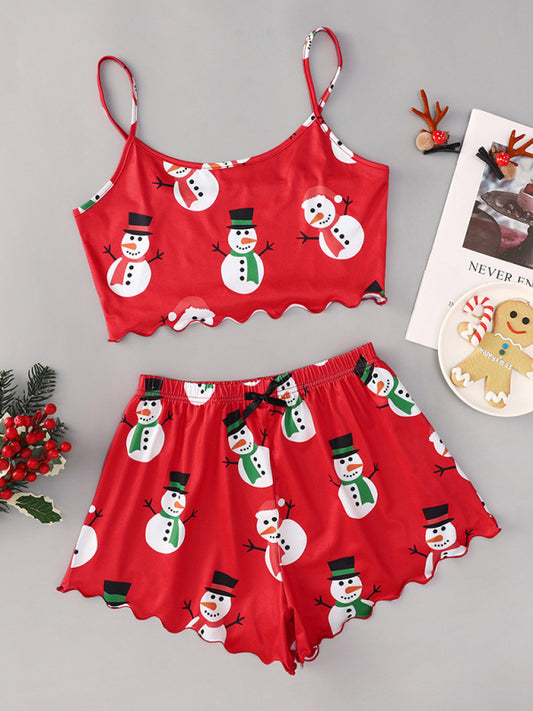 Christmas Print Sleeveless Lounge Set – Two-Piece Holiday Shorts Outfit