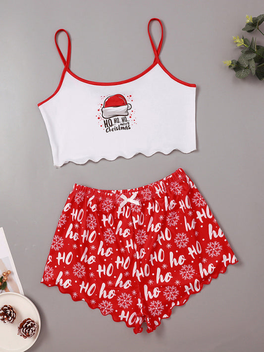 Festive Elk & Letter Print Sleeveless Pajama Set – Soft Knit Two-Piece Loungewear