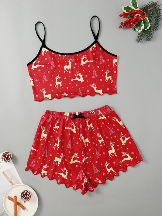 Christmas Santa Print Two-Piece Loungewear Set – Soft Knit Holiday Pajamas