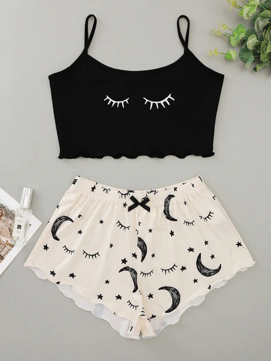 Eyelash Print Camisole & Star Moon Shorts Loungewear Set – Soft Knit Pajama Set
