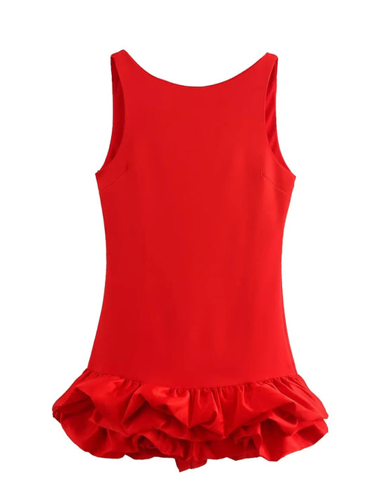 Sleeveless Ruffle Mini Dress – Elegant Round Neck, Woven Fabric