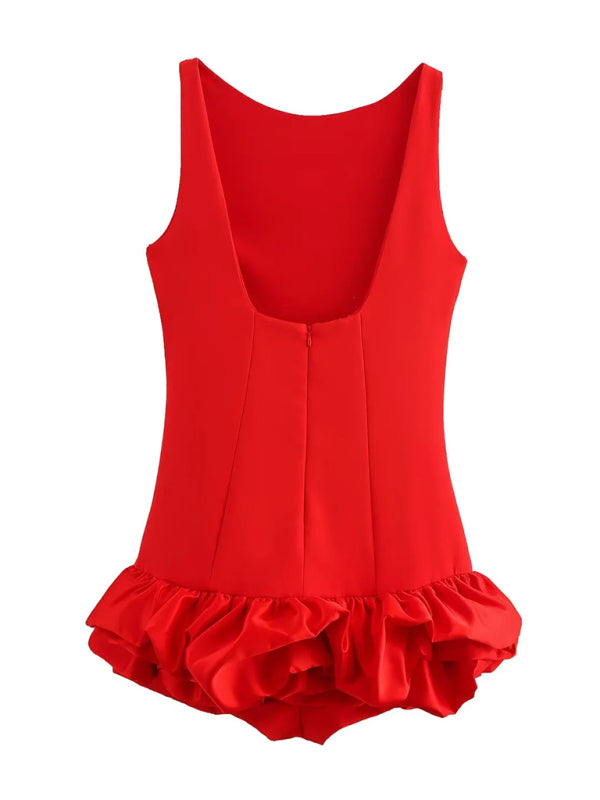 Sleeveless Ruffle Mini Dress – Elegant Round Neck, Woven Fabric