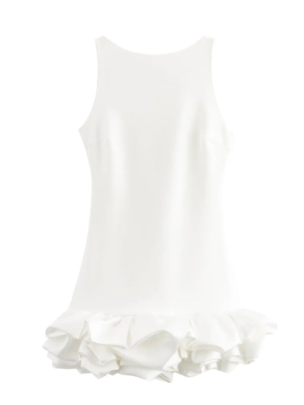 Sleeveless Ruffle Mini Dress – Elegant Round Neck, Woven Fabric