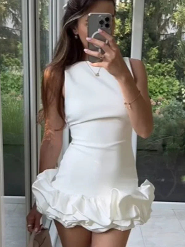 Sleeveless Ruffle Mini Dress – Elegant Round Neck, Woven Fabric