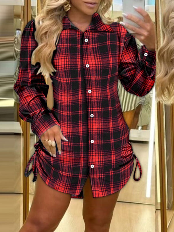 Plaid Long Sleeve Shirt Dress With Side Drawstrings - Casual Mini Woven Dress