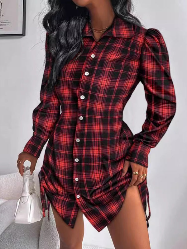 Plaid Long Sleeve Shirt Dress With Side Drawstrings - Casual Mini Woven Dress