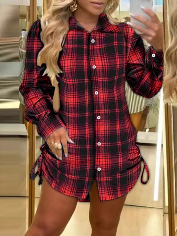 Plaid Long Sleeve Shirt Dress With Side Drawstrings - Casual Mini Woven Dress