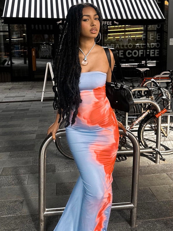 Blue Contrast Print Tube Bodycon Dress with Side Slits – Knit Fabric