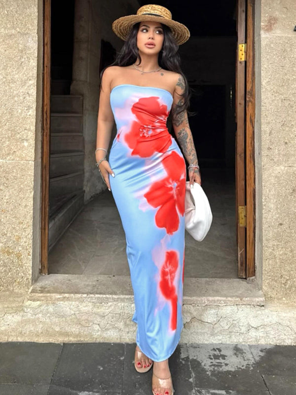 Blue Contrast Print Tube Bodycon Dress with Side Slits – Knit Fabric