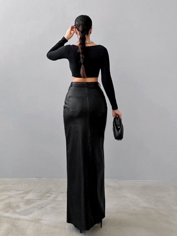 High Waist Faux Leather Slit Skirt