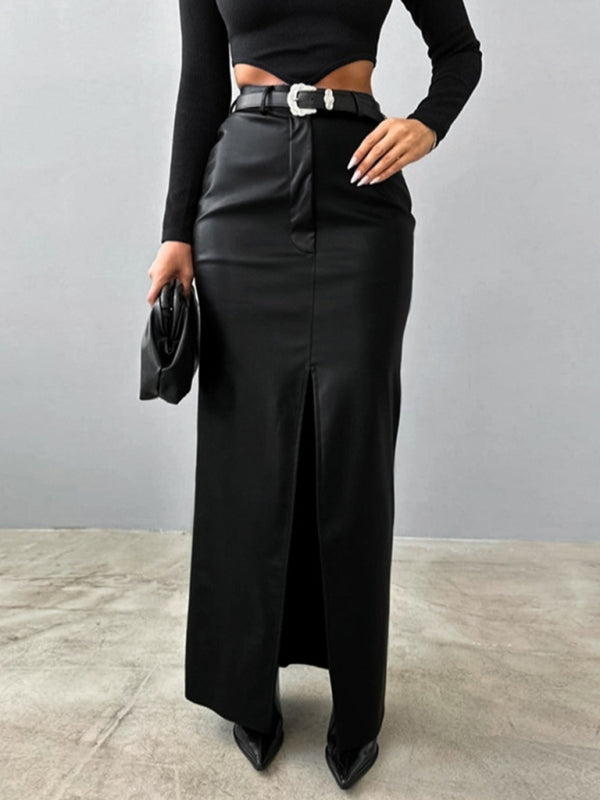 High Waist Faux Leather Slit Skirt