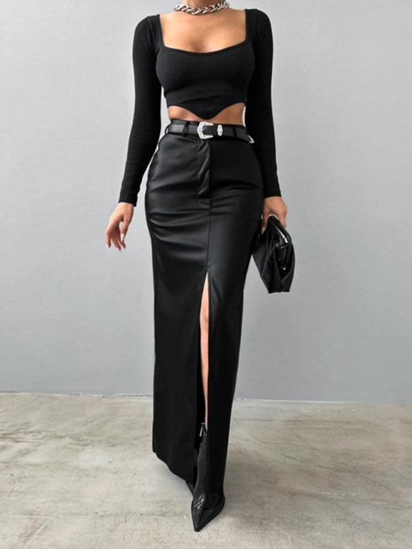 High Waist Faux Leather Slit Skirt