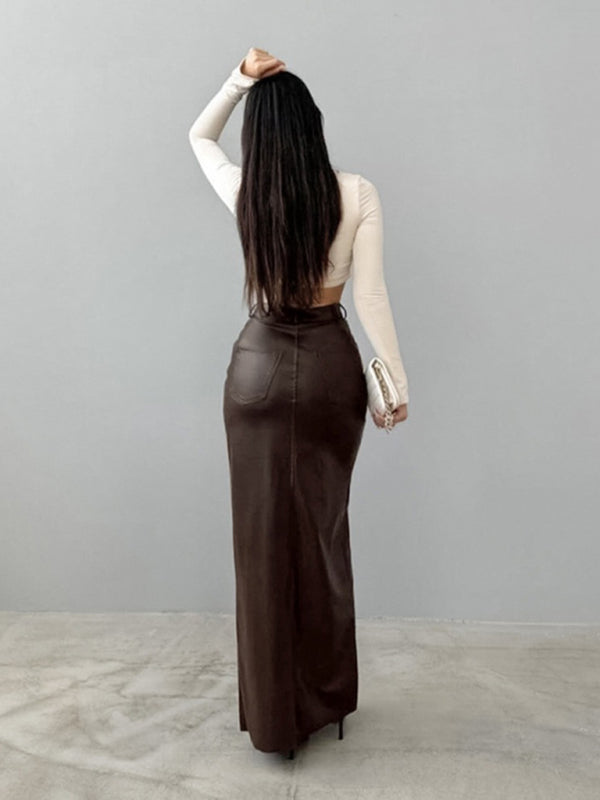 High Waist Faux Leather Slit Skirt