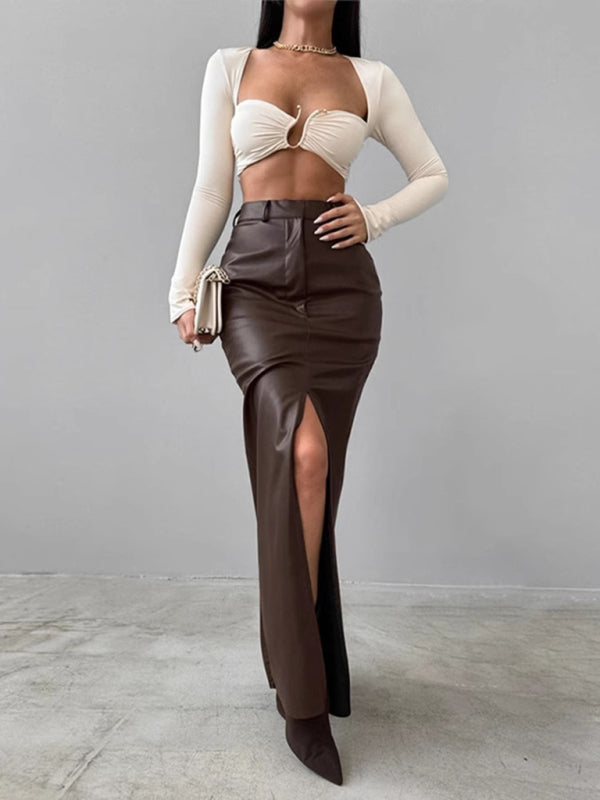 High Waist Faux Leather Slit Skirt
