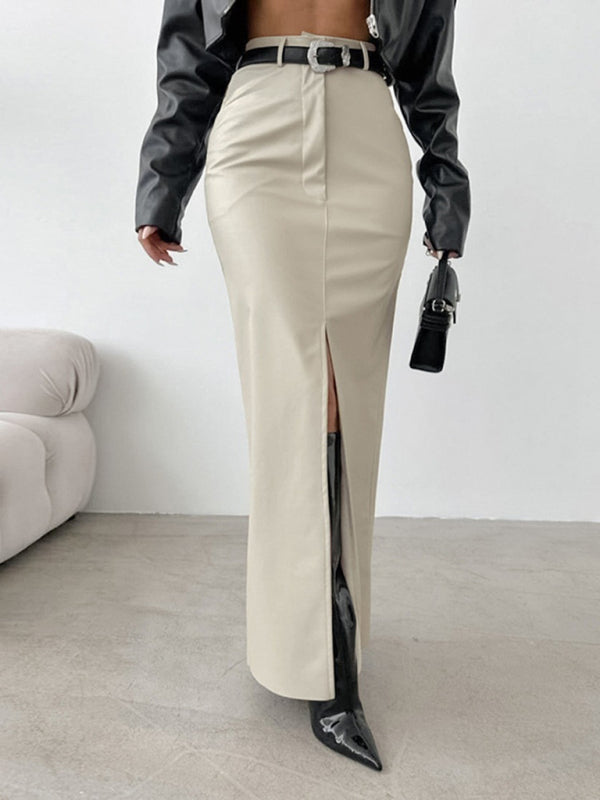 High Waist Faux Leather Slit Skirt