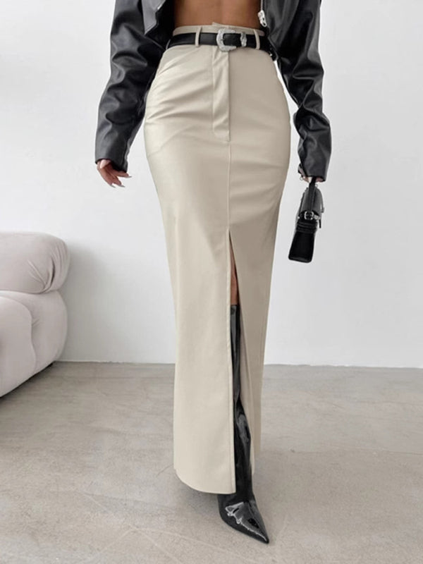High Waist Faux Leather Slit Skirt