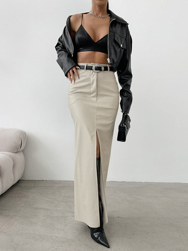 High Waist Faux Leather Slit Skirt