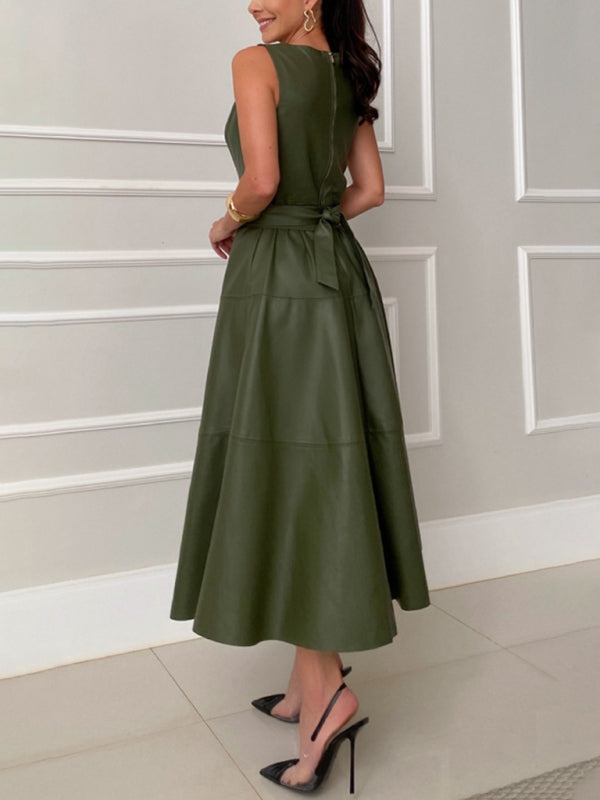 Sleeveless Green Casual Midi Dress – Round Neck, Woven Polyester