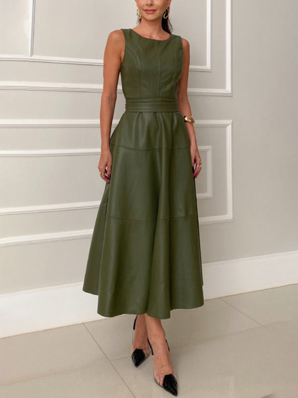 Sleeveless Green Casual Midi Dress – Round Neck, Woven Polyester