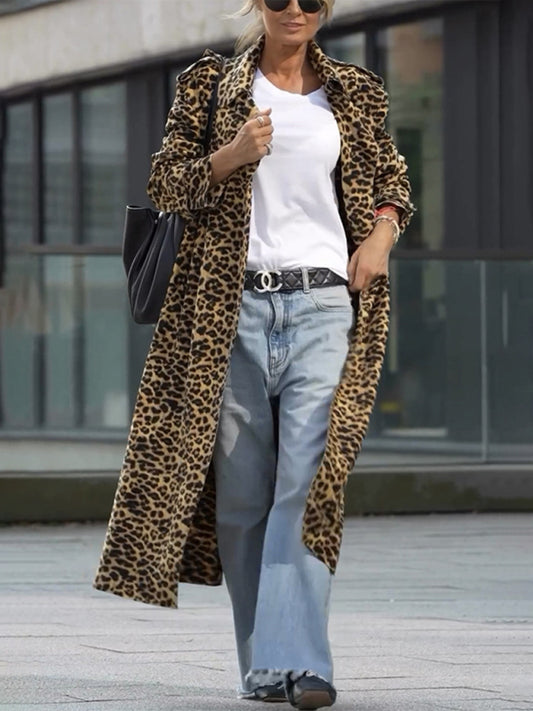 Leopard Print Lapel Trench Coat for Women Leopard
