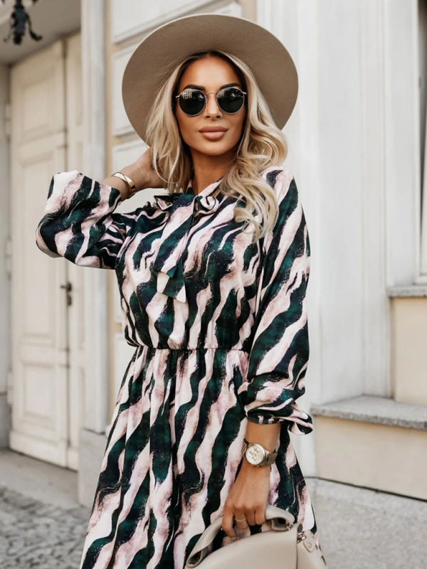 Zebra Print Midi Dress with Bow Tie Waist – Long Sleeve, Khaki & Green