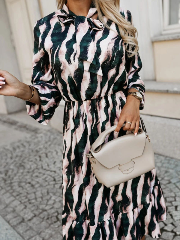 Zebra Print Midi Dress with Bow Tie Waist – Long Sleeve, Khaki & Green