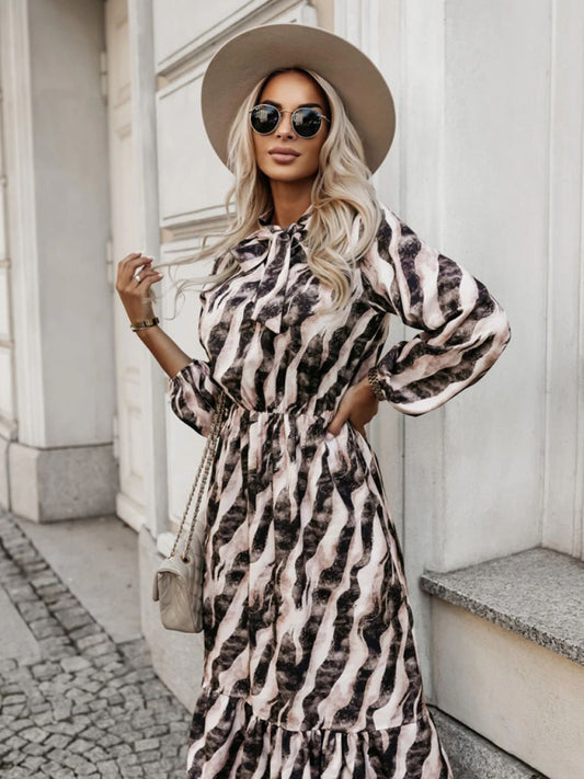 Zebra Print Midi Dress with Bow Tie Waist – Long Sleeve, Khaki & Green