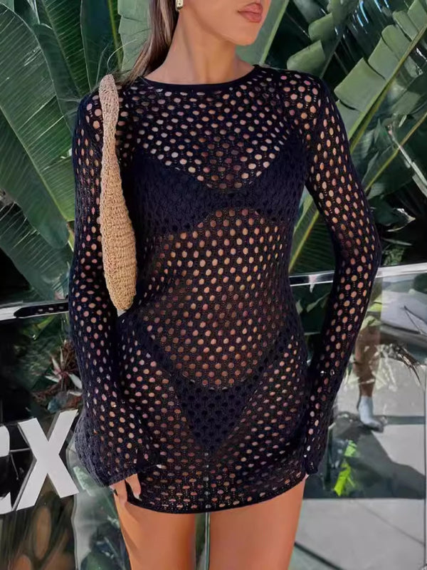 Backless Knit Beach Dress – Sheer Cover-Up with Open Back & Sun Protection