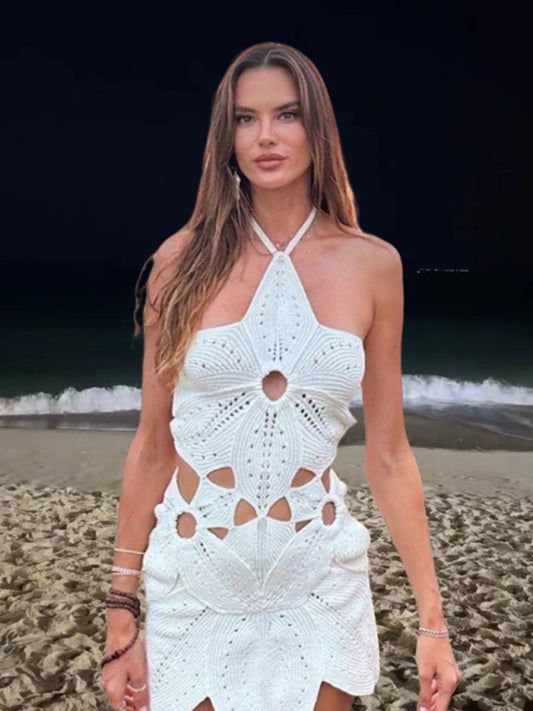 Slim Halter Knit Dress – Hollow Waist, Irregular Hem, Spring-Summer Style