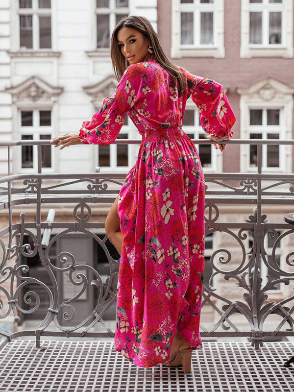 Women's Printed V-Neck Sexy Slit Long Sleeve Dress