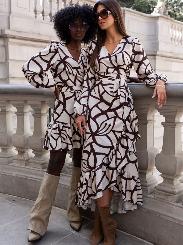 V-Neck Long-Sleeve Midi Dress – Printed Irregular Hem, Lightweight & Chic
