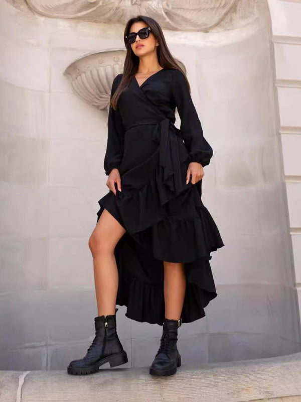V-Neck Long-Sleeve Midi Dress – Printed Irregular Hem, Lightweight & Chic