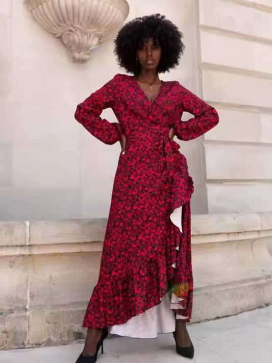 V-Neck Long-Sleeve Midi Dress – Printed Irregular Hem, Lightweight & Chic