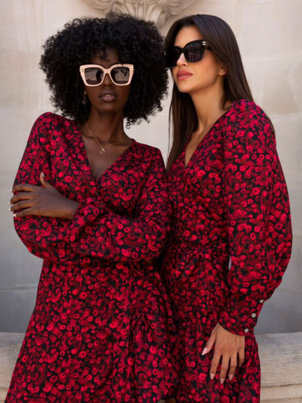 V-Neck Long-Sleeve Midi Dress – Printed Irregular Hem, Lightweight & Chic