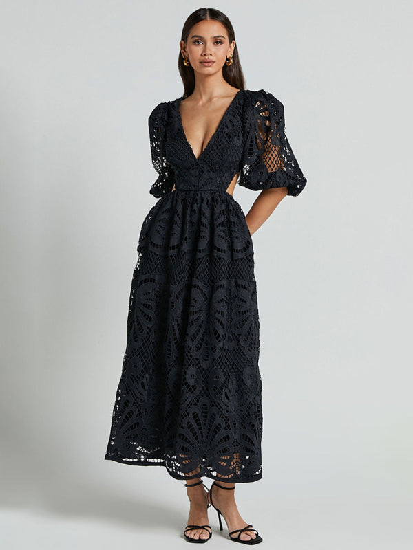 Lace Embroidered Waist-Baring Dress – Deep V-Neck, Long Sleeve, Sexy Fit