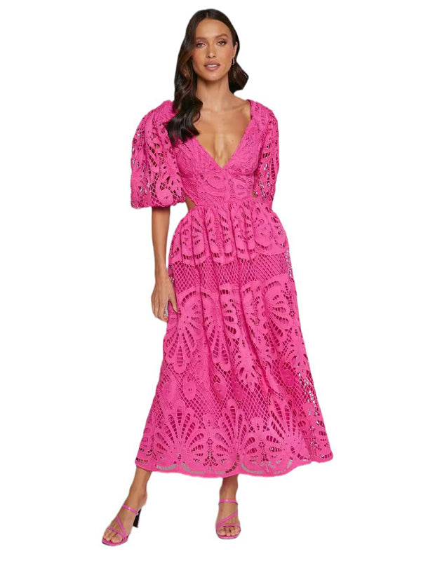 Lace Embroidered Waist-Baring Dress – Deep V-Neck, Long Sleeve, Sexy Fit