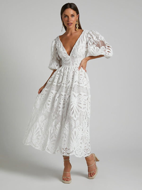 Lace Embroidered Waist-Baring Dress – Deep V-Neck, Long Sleeve, Sexy Fit