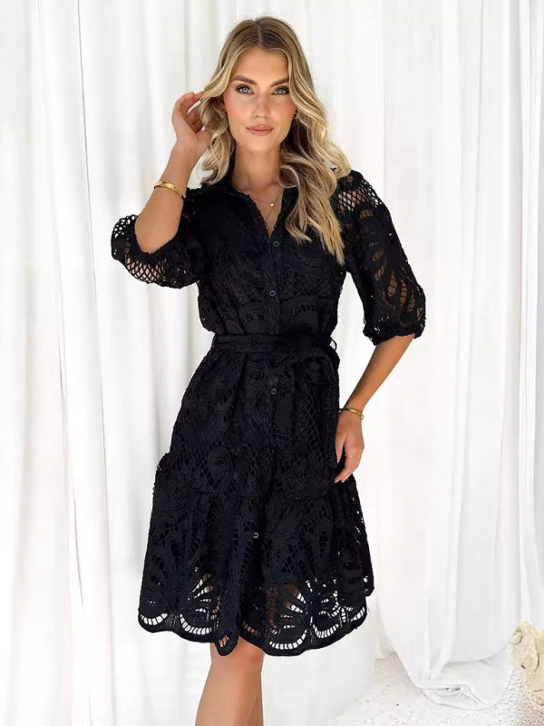 Lace Floral Button-Up Midi Shirt Dress – Mid Sleeve, All-Season Elegance