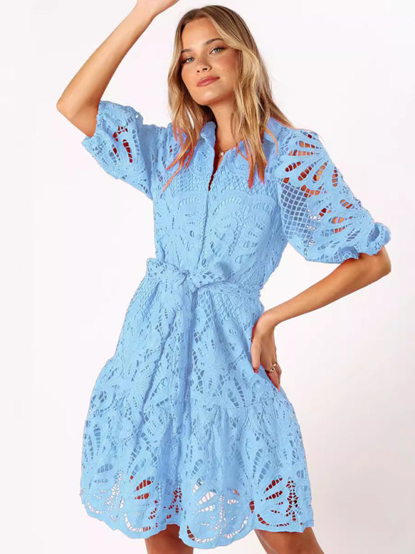 Lace Floral Button-Up Midi Shirt Dress – Mid Sleeve, All-Season Elegance