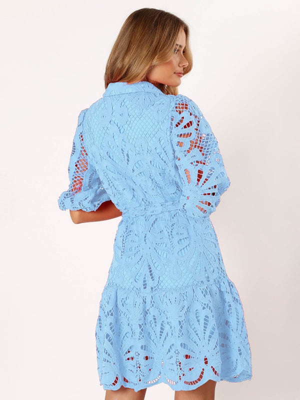 Lace Floral Button-Up Midi Shirt Dress – Mid Sleeve, All-Season Elegance