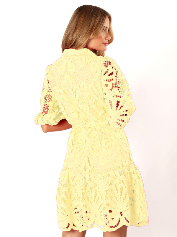 Lace Floral Button-Up Midi Shirt Dress – Mid Sleeve, All-Season Elegance