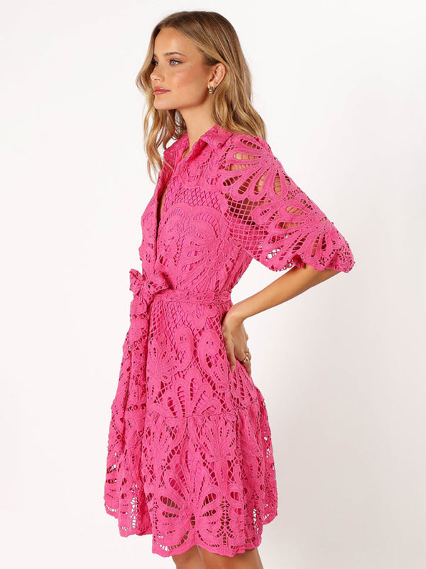 Lace Floral Button-Up Midi Shirt Dress – Mid Sleeve, All-Season Elegance