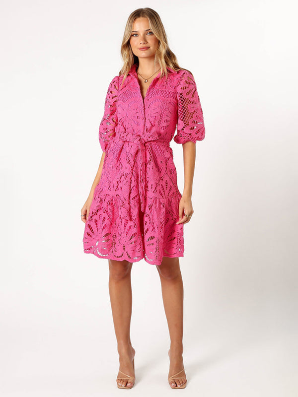 Lace Floral Button-Up Midi Shirt Dress – Mid Sleeve, All-Season Elegance